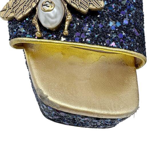 GUCCI Soko Bee Blue Glitter Platform Heels Gold
Trim Ankle Strap Size 38.5 - Picture 8 of 16